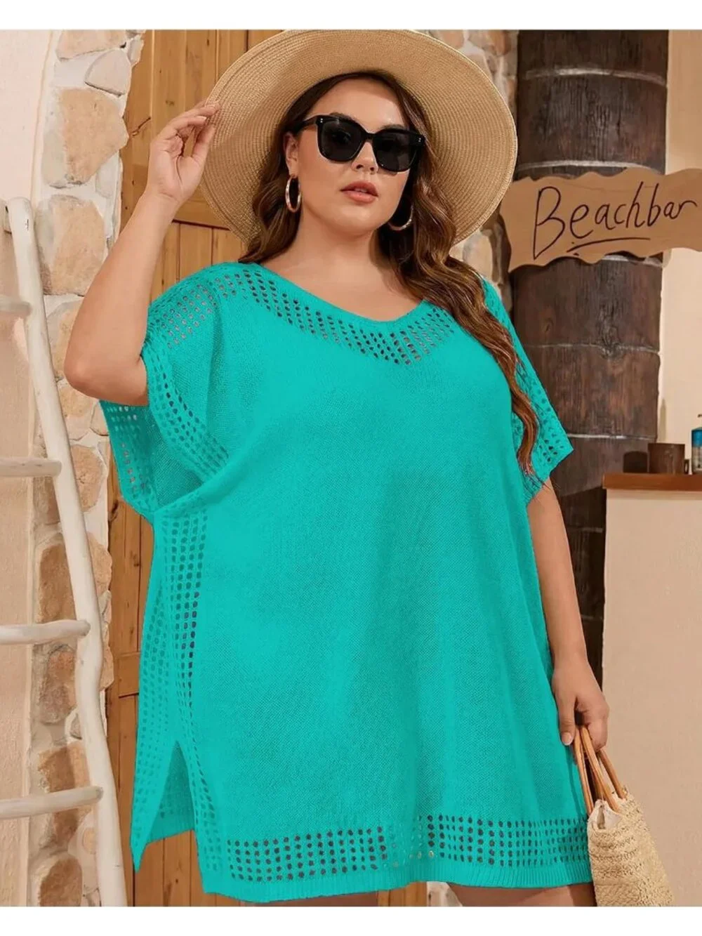 Women's Sapphire Blue One Size Polyester Crochet Summer Swimsuit Coverup Dress